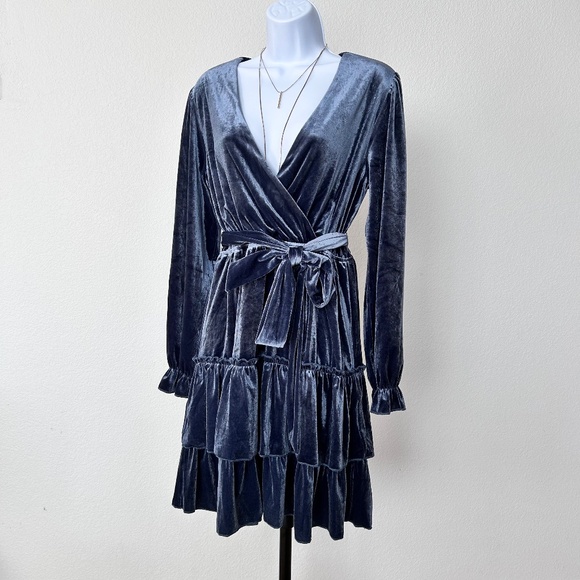 Baltic Born Shannon Velvet Short Dress Long Poet Sleeve Slate Blue Womens M EUC - Picture 2 of 9
